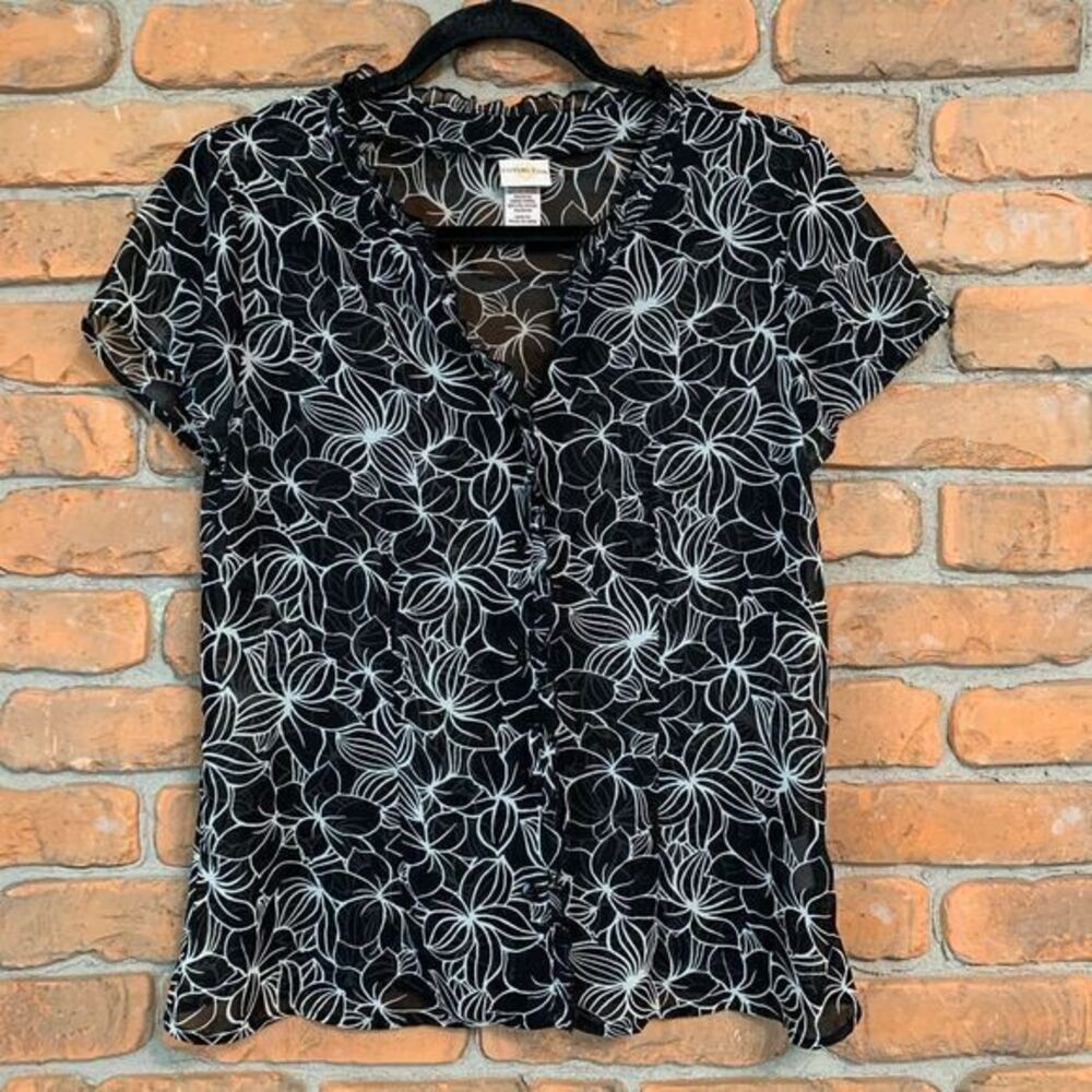 Covington Women's Y2K Floral Print Chiffon Button Front Short Sleeve Blouse - 6